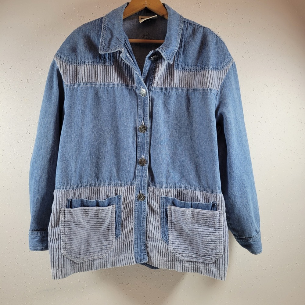 Vintage B.X.B Denim Jacket Women L Blue‎  Corduroy Mixed Media Michigan Buttons